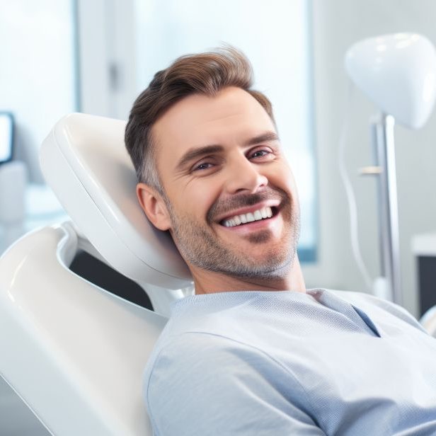 Zadowolony pacjent z białym uśmiechem na fotelu dentystycznym
